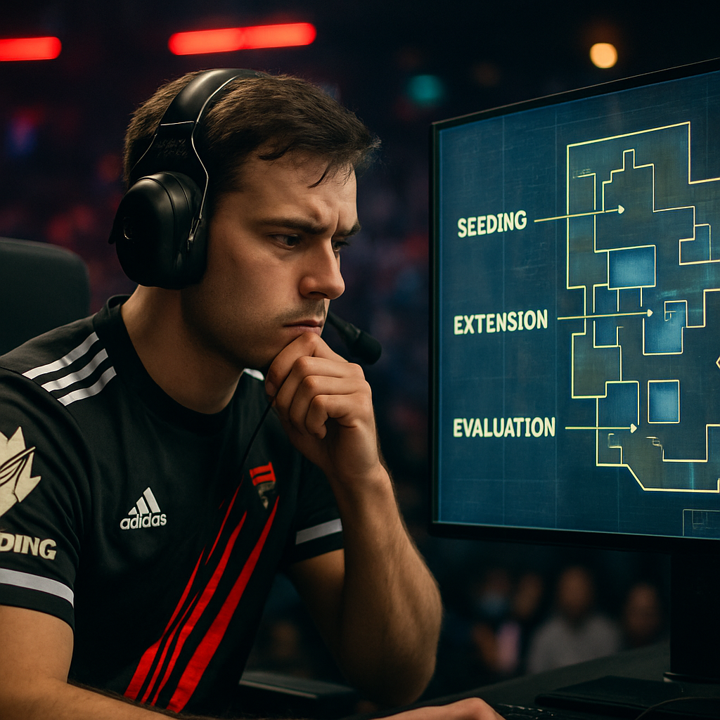 A professional esports player deeply engaged in strategizing their game plan, symbolizing the steps